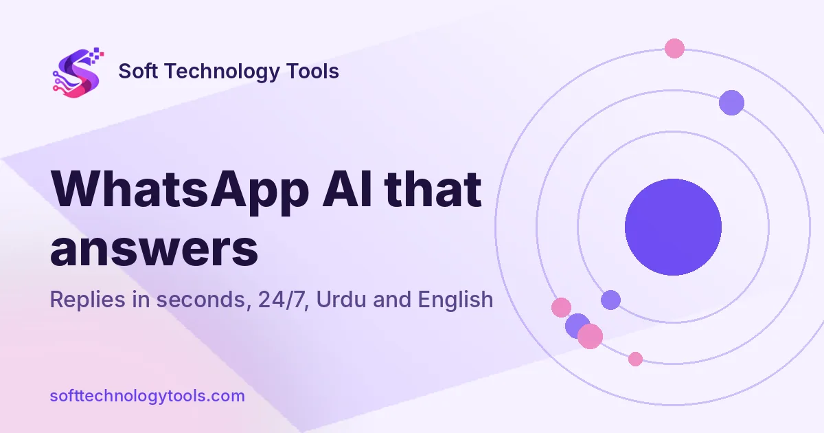 Soft Technology Tools graphic: WhatsApp AI that answers. Replies in seconds, 24/7, Urdu and English